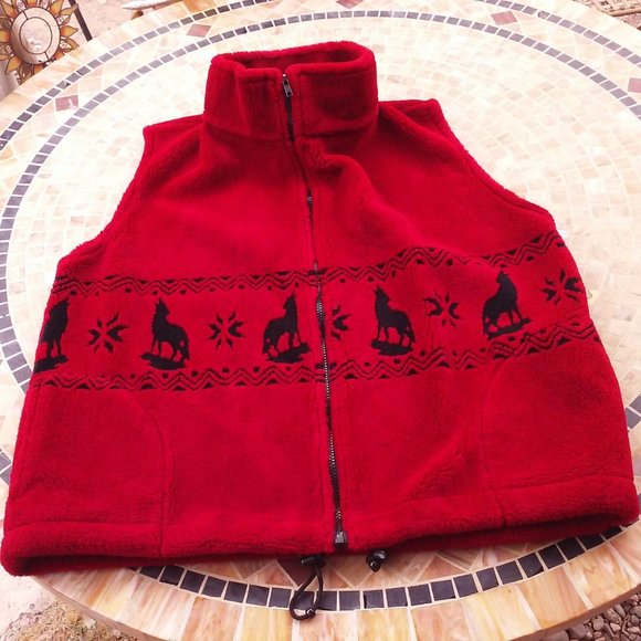 Vintage Silver Threads Great Falls USA Fleece Vest -M Pockets Coyote Western Red - Picture 1 of 10